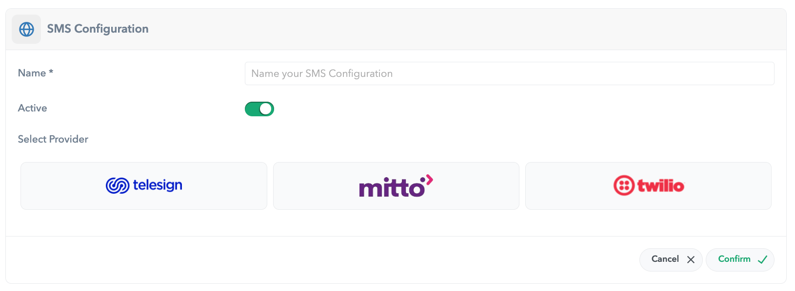 SMS configuration panel on Hood